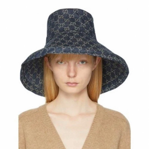 Gucci Blue Denim GG Monogram Wide Brim Bucket Hat / Sun Hat - Picture 5 of 6